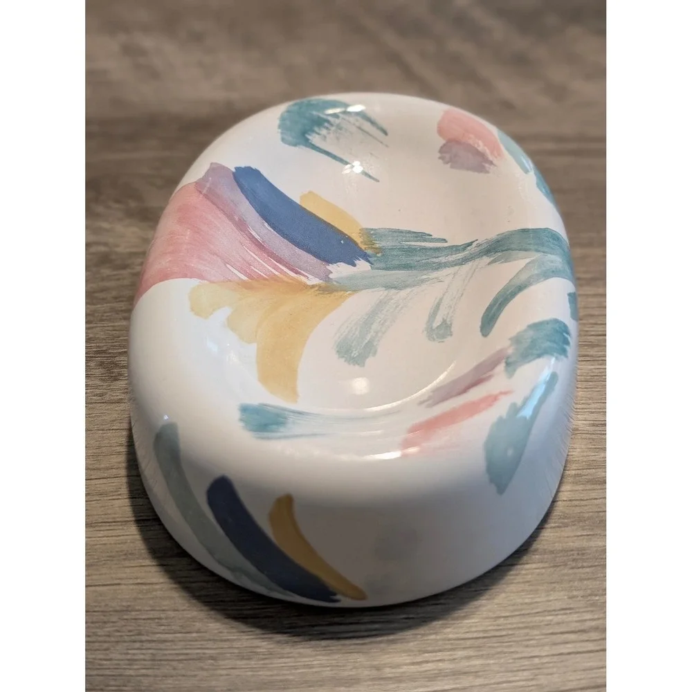 Vintage Ceramic‎ Soap Dish Riviera Hand Painted USA White Abstract Floral Pastel